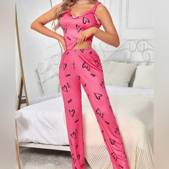 Pink Heart Pattern Tank Top and Long Pants Pajama Lounge Set - Picture 2 of 6